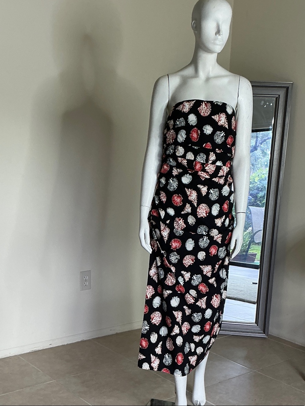 Anthropologie Strapless Black Midi Dress with Coral and White Shell Print